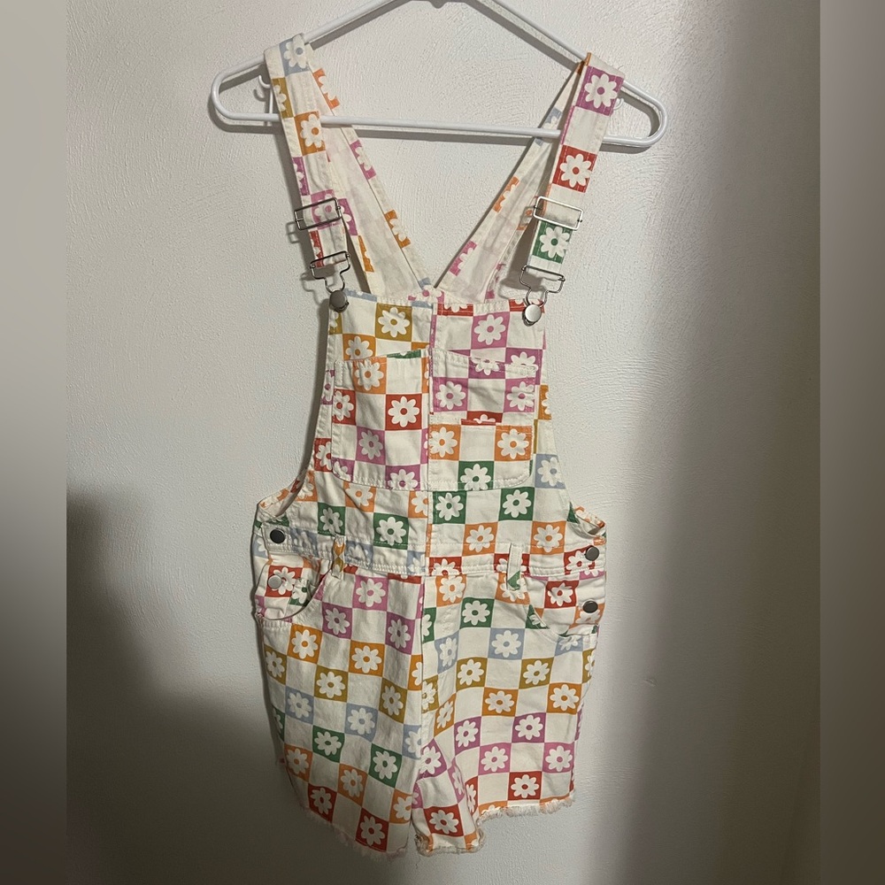 MAIN STRIP Classic Checkered Floral Casual Bib‎ Overall Shorts Rainbow Women's S
